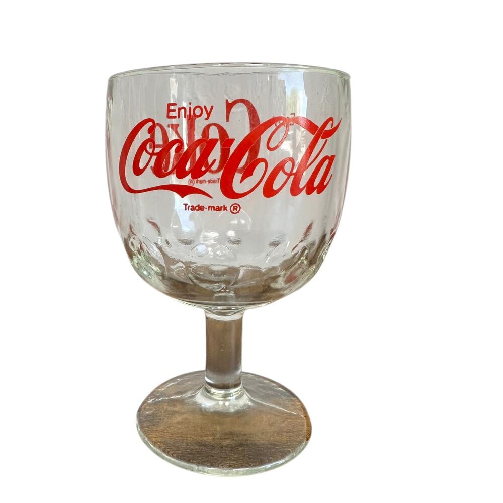 Vintage Red Coca-Cola Coke Thumbprint Pedestal Stem Glass Soda Goblet 16 Oz